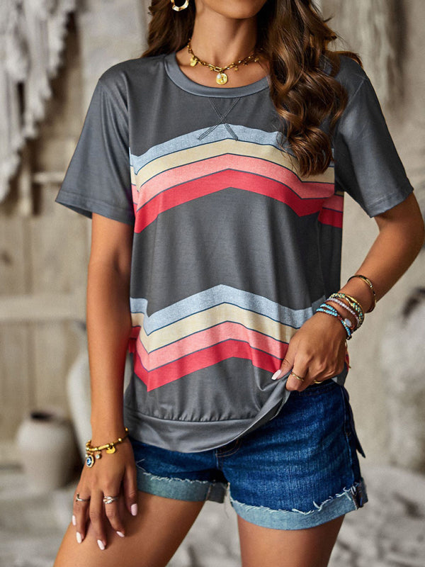 New round neck T-shirt rainbow strip top