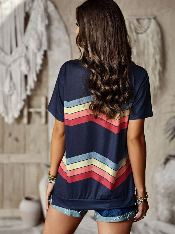 New round neck T-shirt rainbow strip top