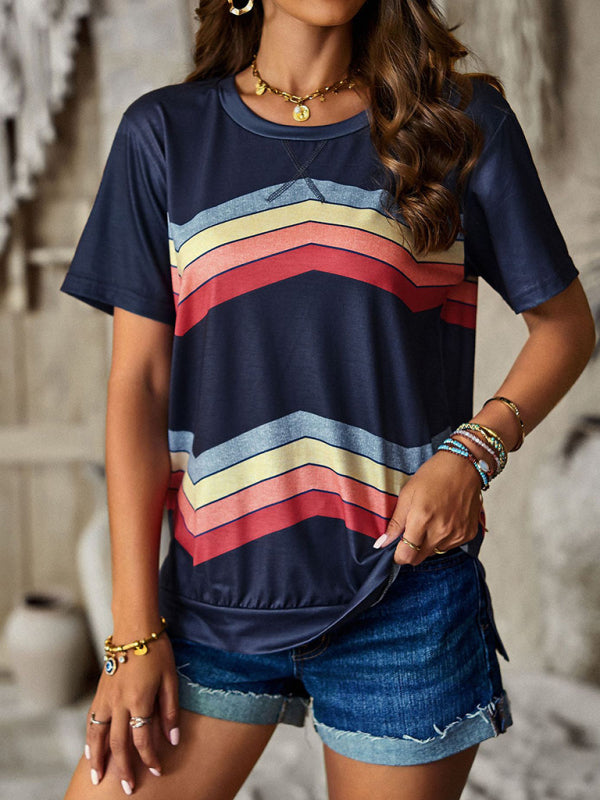 New round neck T-shirt rainbow strip top