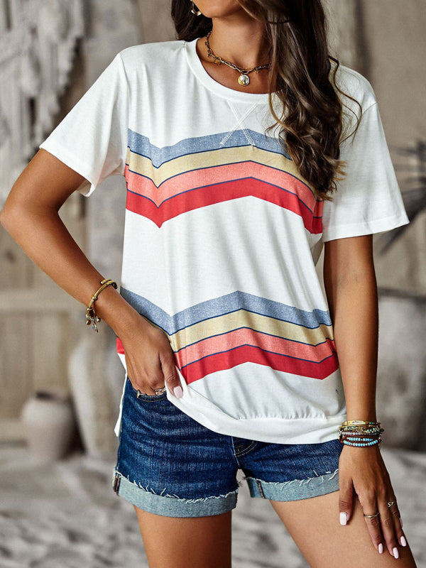 New round neck T-shirt rainbow strip top