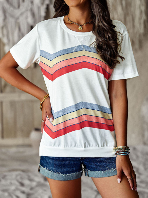 New round neck T-shirt rainbow strip top