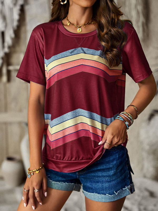 New round neck T-shirt rainbow strip top