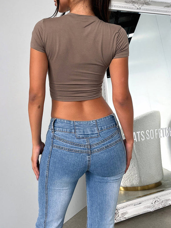 Solid color slim fit cropped short-sleeved top