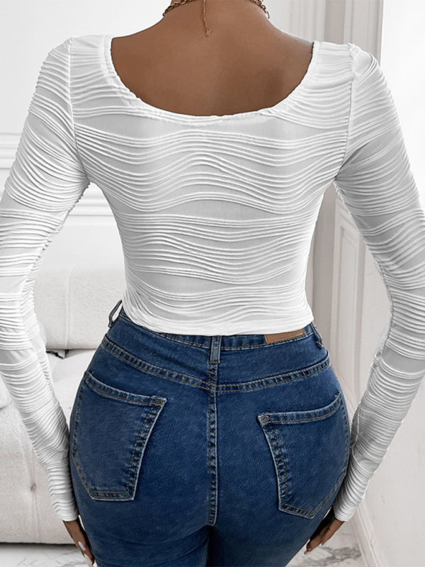 New women's round neck slim fit sexy curved texture long sleeve T-shirt top