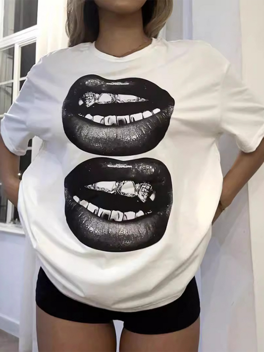 New Fashion Lip Printed Round Neck Short Sleeve T-Shirt