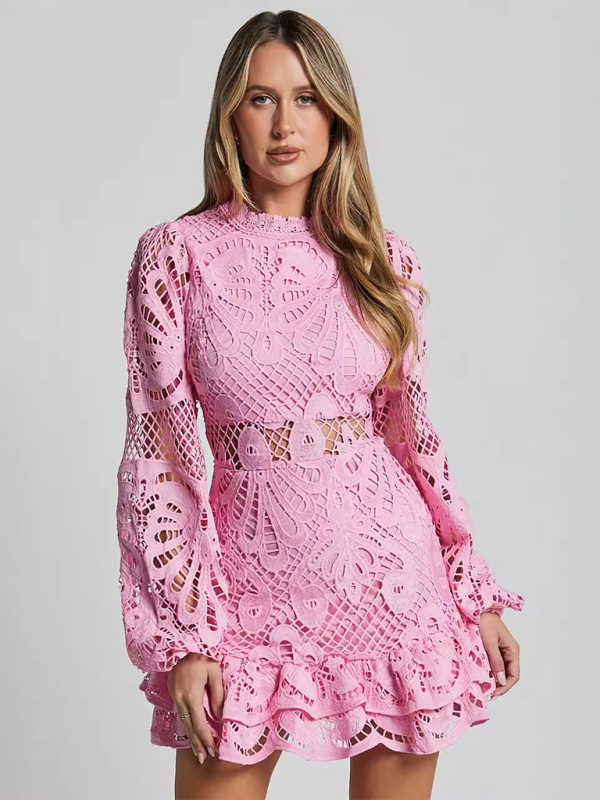 Lapel Lantern Long Sleeve Waist Gown Short A-line Ruffle Hollow Lace Dresses