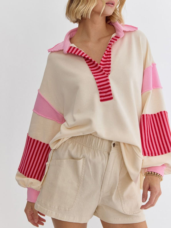 Women's Sweatshirt OversizedPolo Neck Striped Colorblocking Top