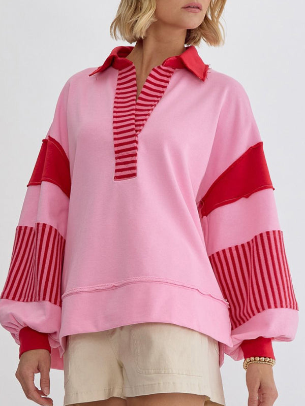 Women's Sweatshirt OversizedPolo Neck Striped Colorblocking Top