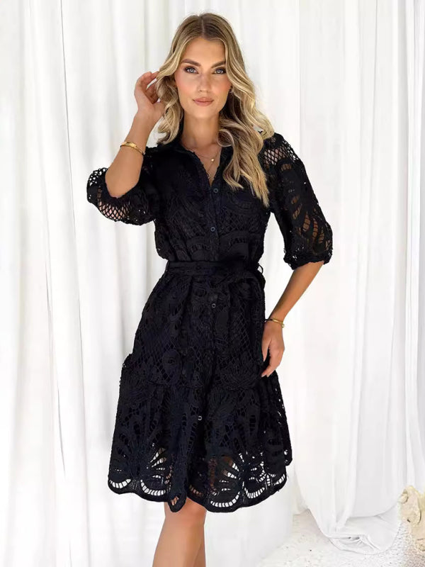 New Sexy Hollow Lace Flower Mid-Sleeve Commuter Button Shirt Dress