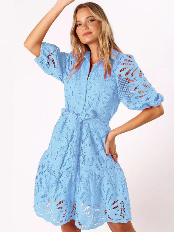 New Sexy Hollow Lace Flower Mid-Sleeve Commuter Button Shirt Dress