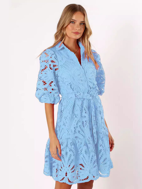 New Sexy Hollow Lace Flower Mid-Sleeve Commuter Button Shirt Dress