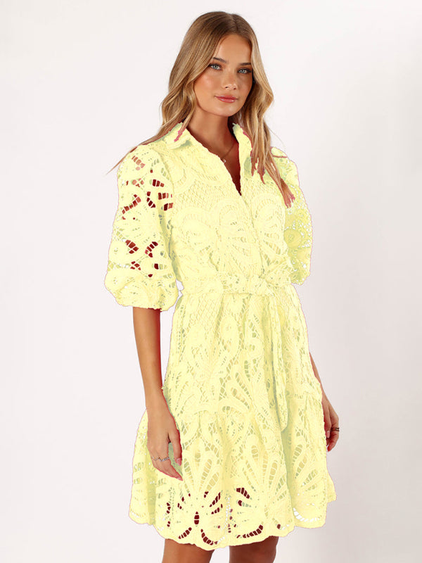 New Sexy Hollow Lace Flower Mid-Sleeve Commuter Button Shirt Dress