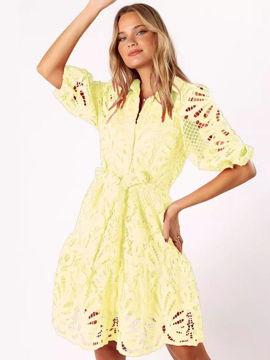 New Sexy Hollow Lace Flower Mid-Sleeve Commuter Button Shirt Dress