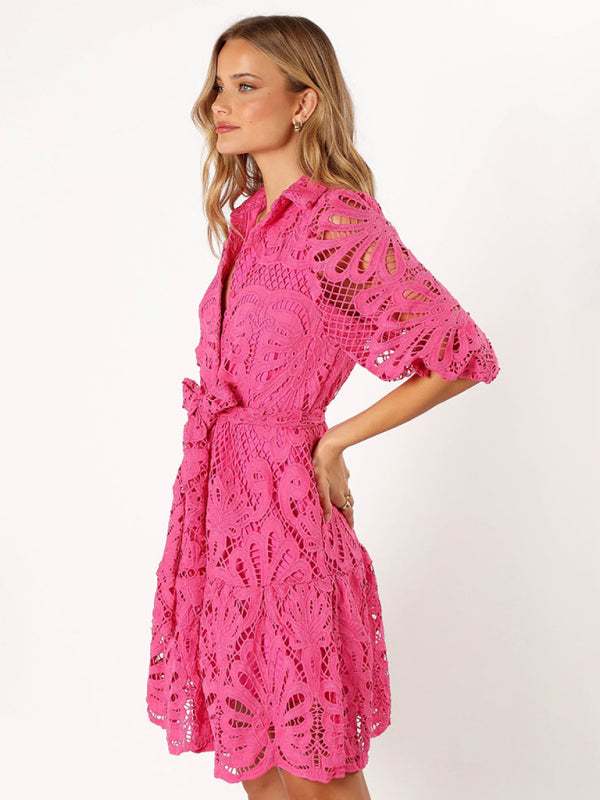 New Sexy Hollow Lace Flower Mid-Sleeve Commuter Button Shirt Dress