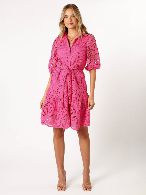 New Sexy Hollow Lace Flower Mid-Sleeve Commuter Button Shirt Dress