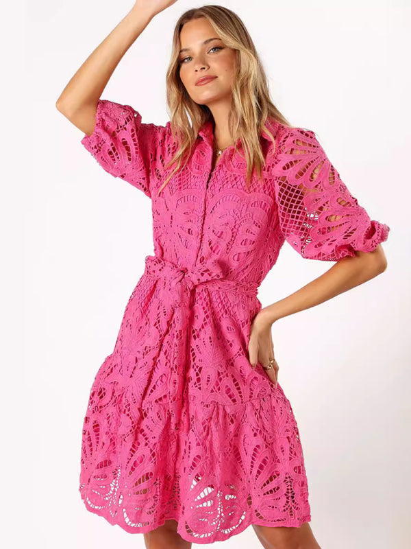 New Sexy Hollow Lace Flower Mid-Sleeve Commuter Button Shirt Dress