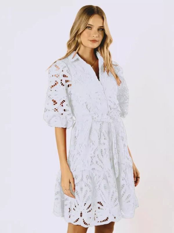 New Sexy Hollow Lace Flower Mid-Sleeve Commuter Button Shirt Dress