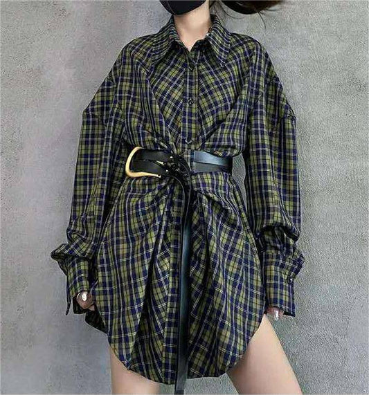 Stylish Plaid Shirt Dress with Belt - Retro Korean Design for Women    