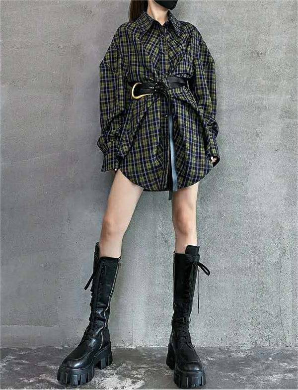 Stylish Plaid Shirt Dress with Belt - Retro Korean Design for Women    