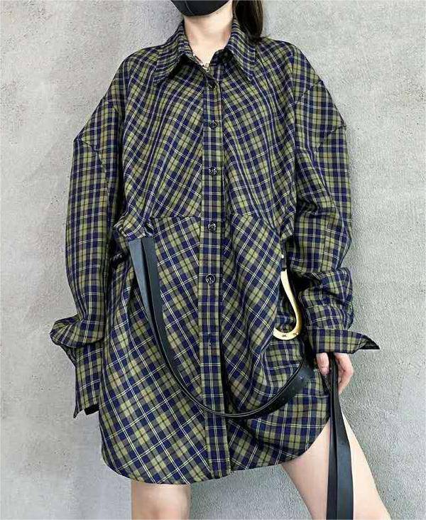 Stylish Plaid Shirt Dress with Belt - Retro Korean Design for Women    