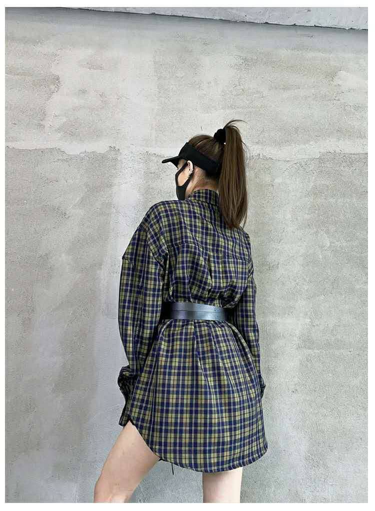 Stylish Plaid Shirt Dress with Belt - Retro Korean Design for Women    