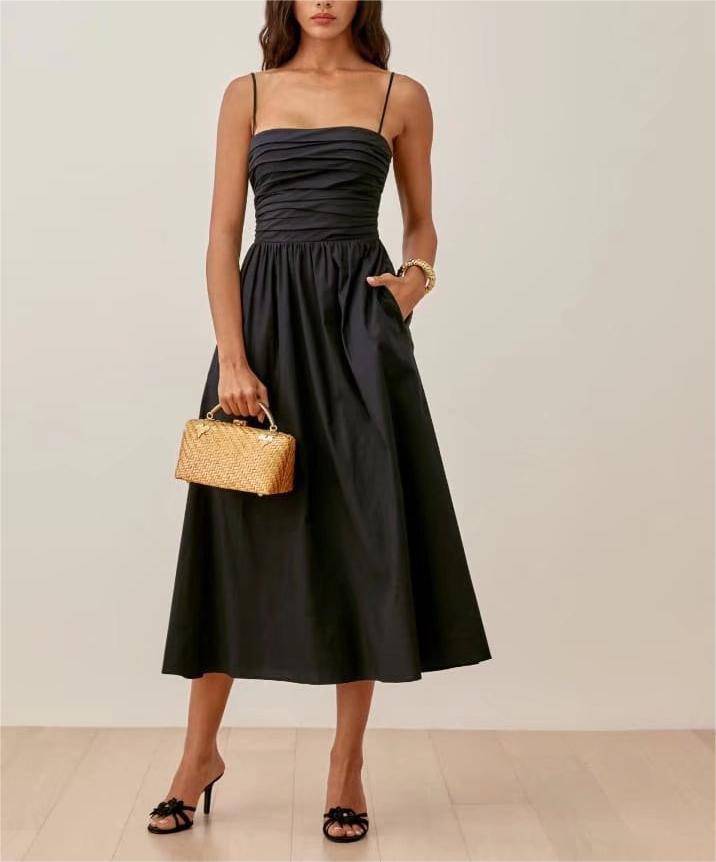 Elegant Retro Pleated Suspender Midi Dress - Summer Formal Wear    