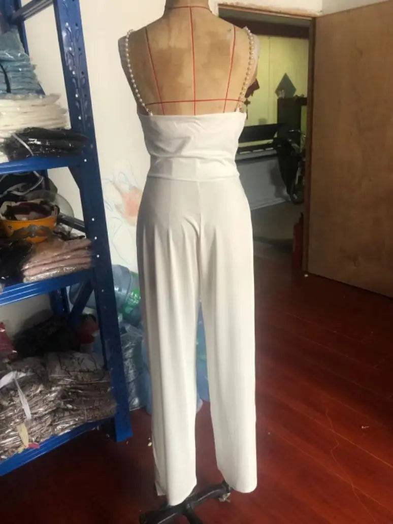 Pearl Chain Backless Wide Leg Jumpsuit    