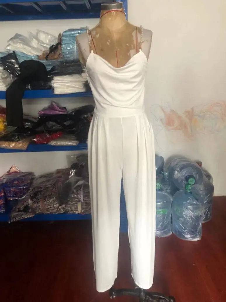 Pearl Chain Backless Wide Leg Jumpsuit    