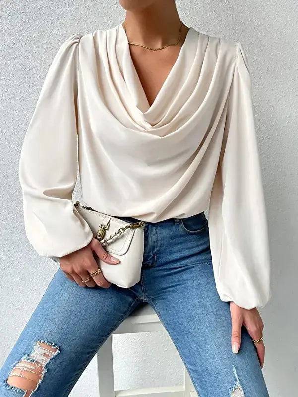 Long Sleeved Shirt Loose Draped V neck Top T shirt Women Clothing    