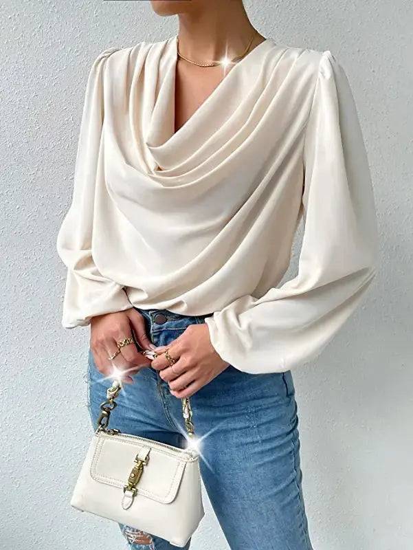 Long Sleeved Shirt Loose Draped V neck Top T shirt Women Clothing    