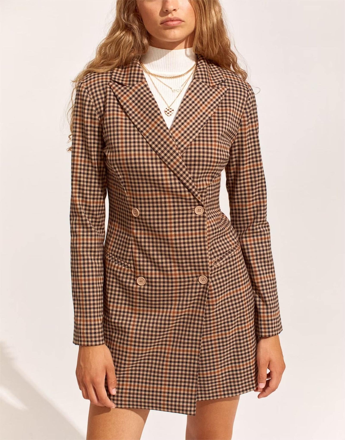 Brushed Houndstooth Double Breasted Collared Long Sleeve Blazer Dress for Women    