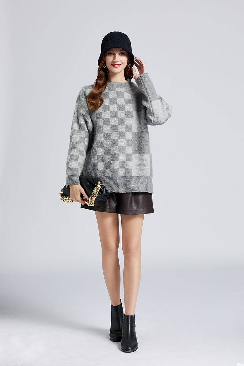 Irregular Checkerboard Mohair Sweater for Women    