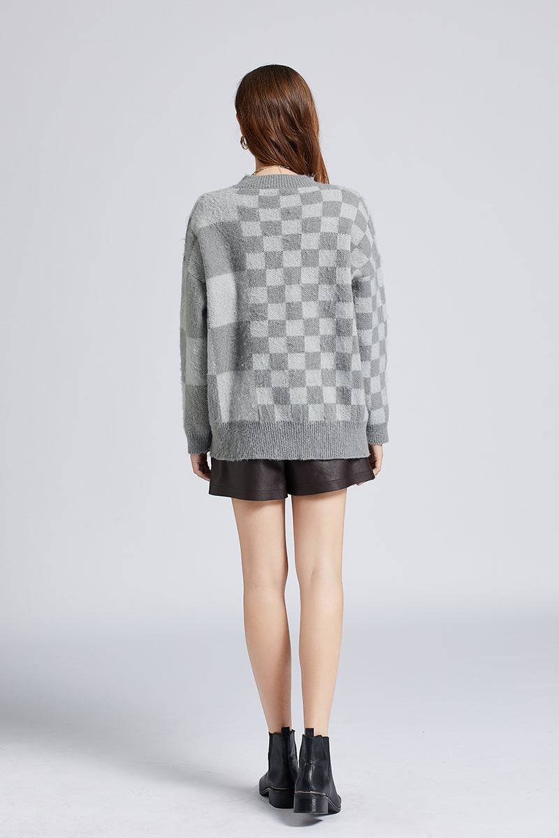 Irregular Checkerboard Mohair Sweater for Women    