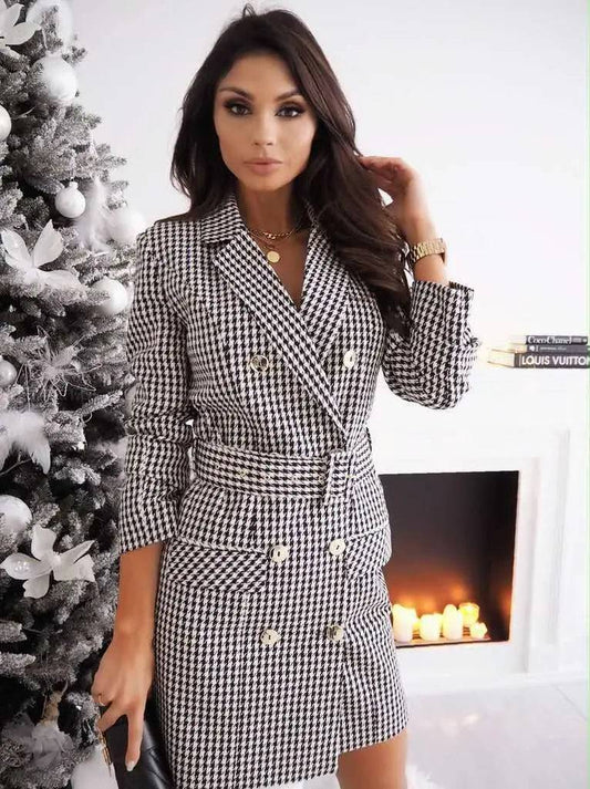 Stylish Belted Checkered Blazer Dress for Professional Elegance → Professional Checkered Blazer Dress with Belt    