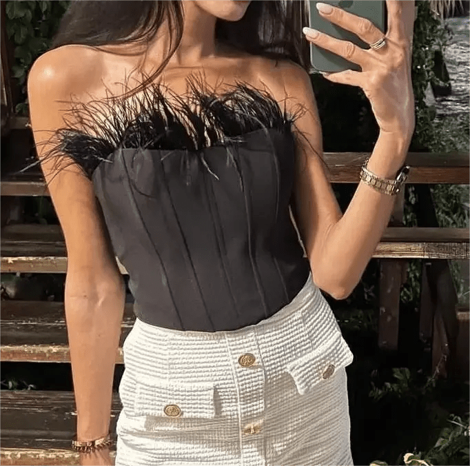 French Sexy Feather Patchwork Crop Top    