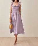 Purple Cotton Ruffled Maxi Dress with High Waist    