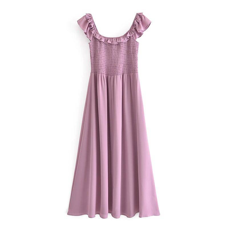 Purple Cotton Ruffled Maxi Dress with High Waist    