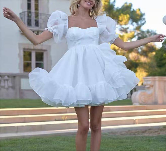 Square Collar Organza Princess Dress with Puff Sleeves    