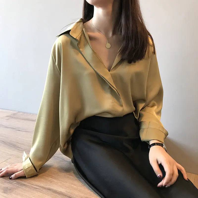 Elegant Spring Satin Shirt for Women with Loose Fit and V-Neck    