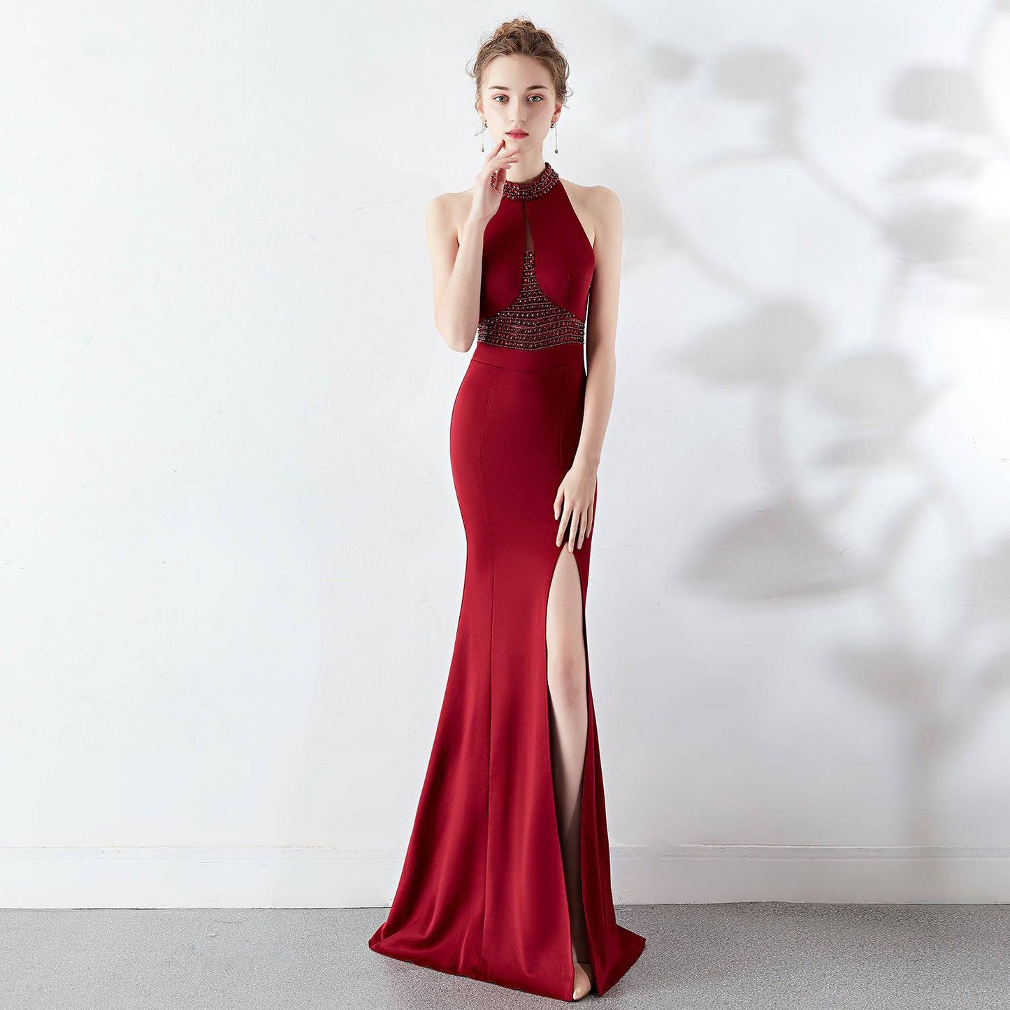 Stunning Red Lace Fishtail Halter Maxi Evening Gown    