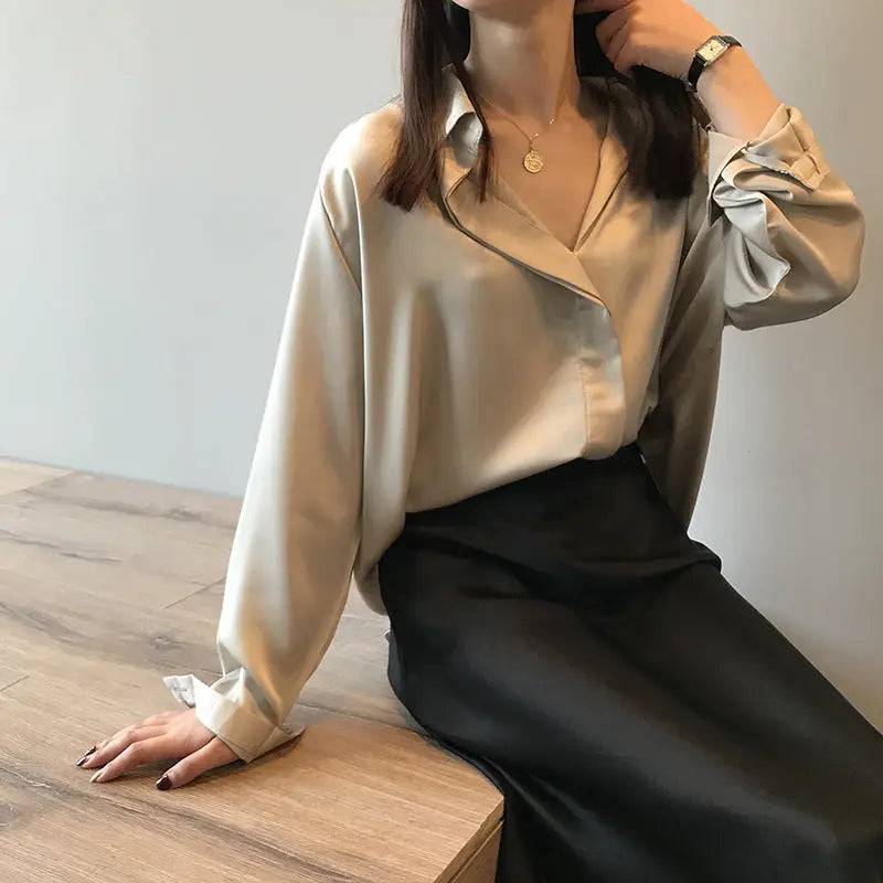 Elegant Spring Satin Shirt for Women with Loose Fit and V-Neck    