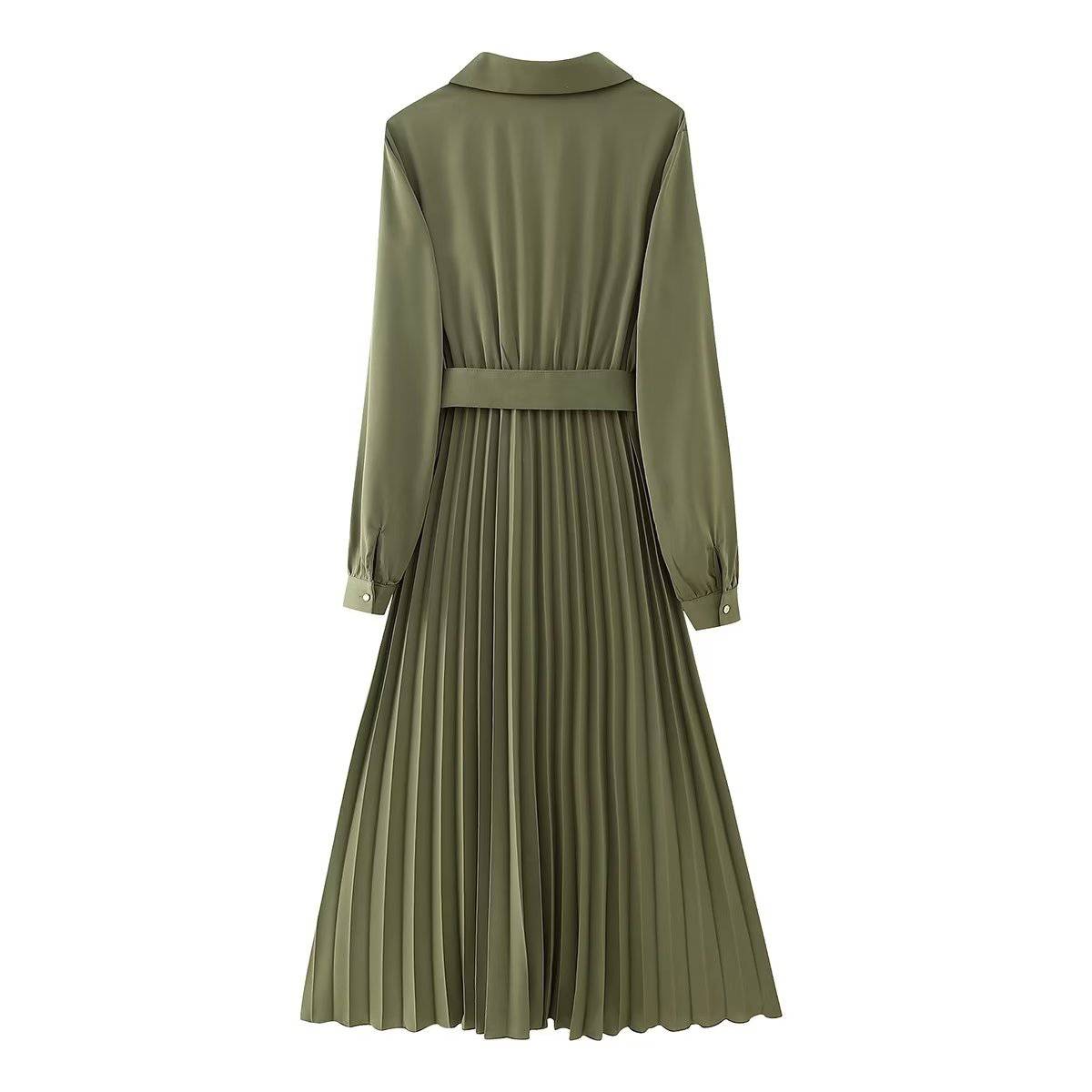 Winter Elegance: V-Neck Belted Pleated Dress for Women    