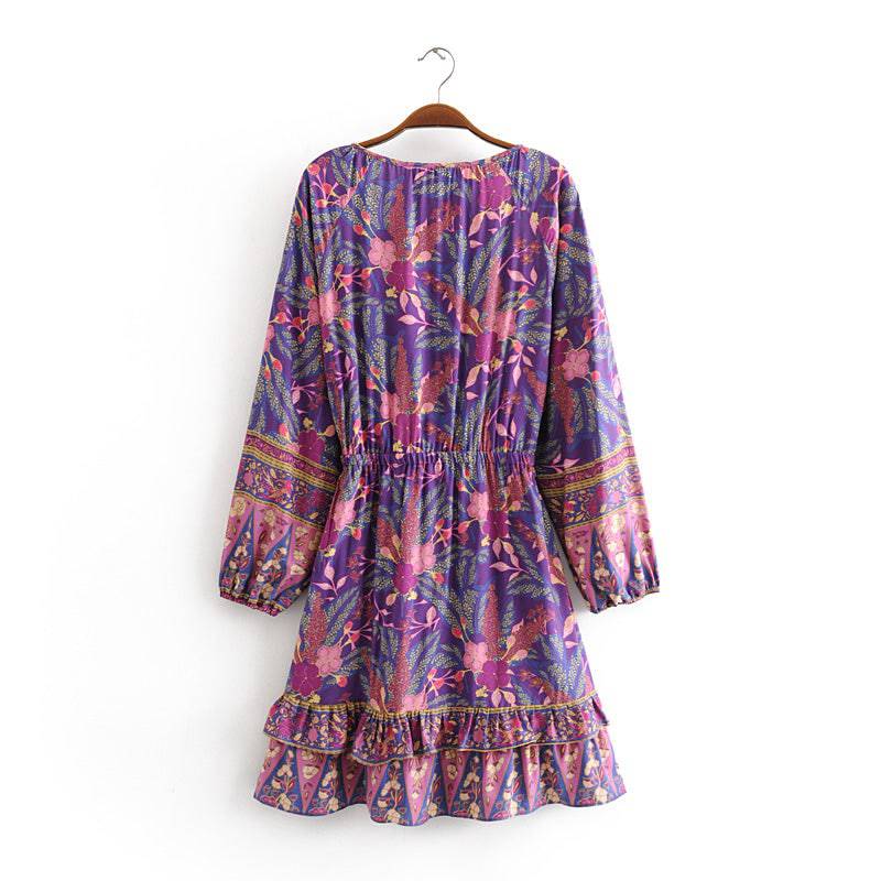 Elegant Floral Viscose Dress with Tassel Tie and Elastic Waist    