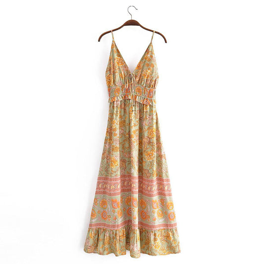 Spring Blossom Viscose Floral Maxi Dress with Ruffle and Tie Detail    