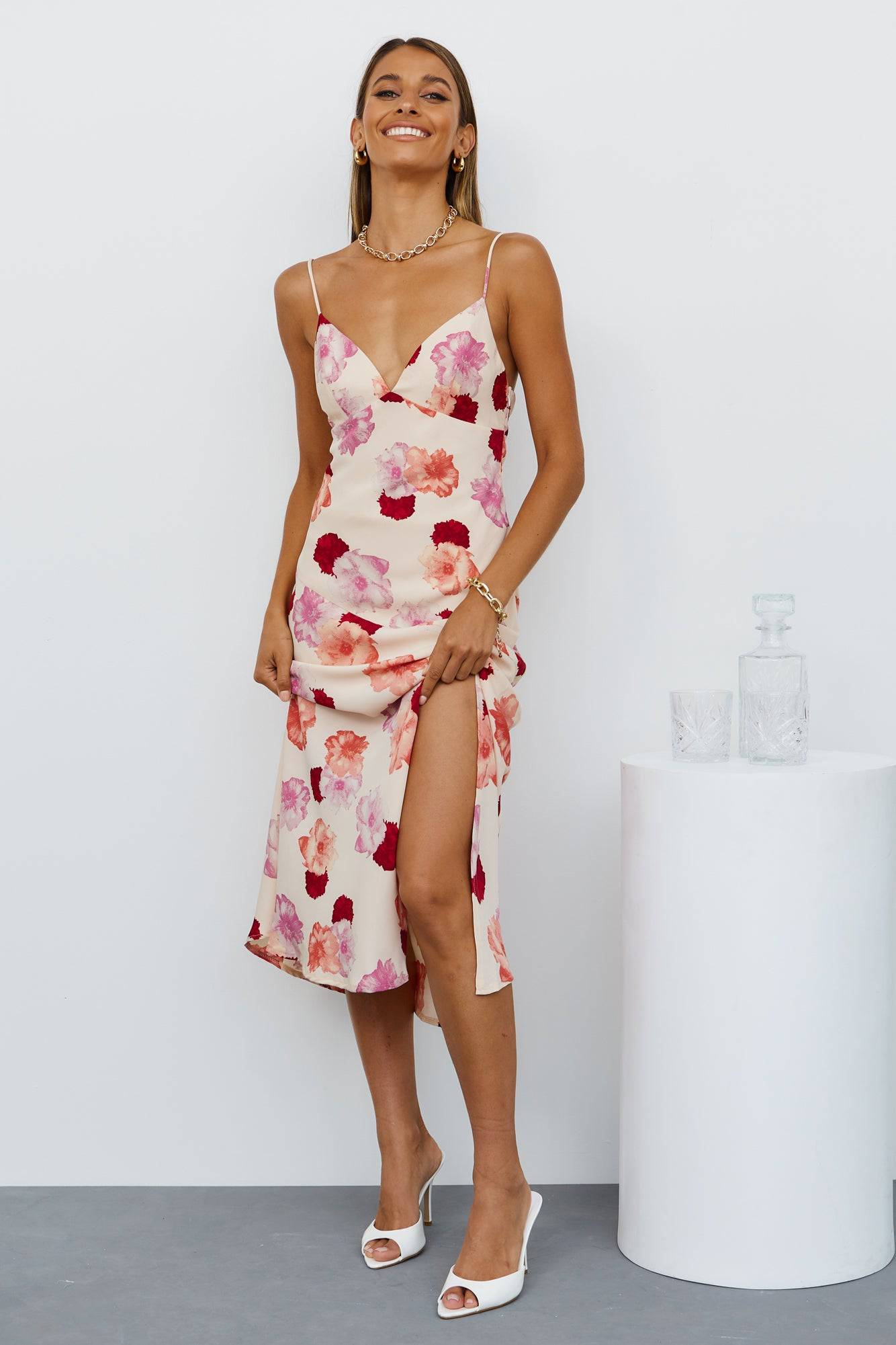 French Print V Neck Split Suspender Dress for Women    