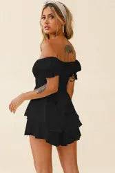 Elegant Off-Shoulder Short Romper with Puff Sleeves for Summer Women's Clothing    