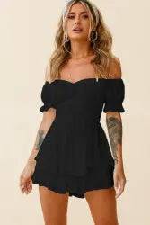 Elegant Off-Shoulder Short Romper with Puff Sleeves for Summer Women's Clothing    