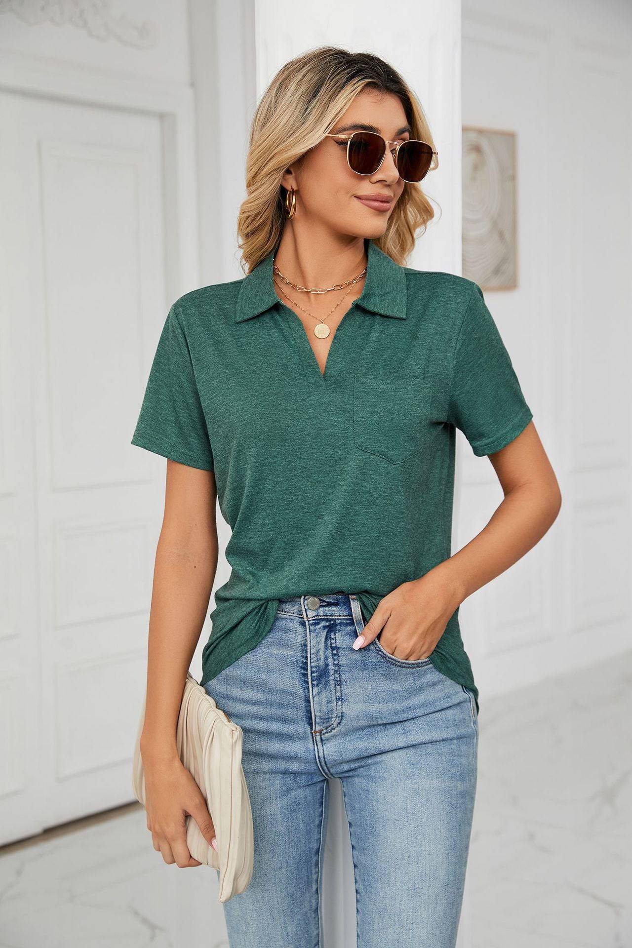 Relaxed Collared Short Sleeve Cotton T-shirt with Pocket Detail for Women    