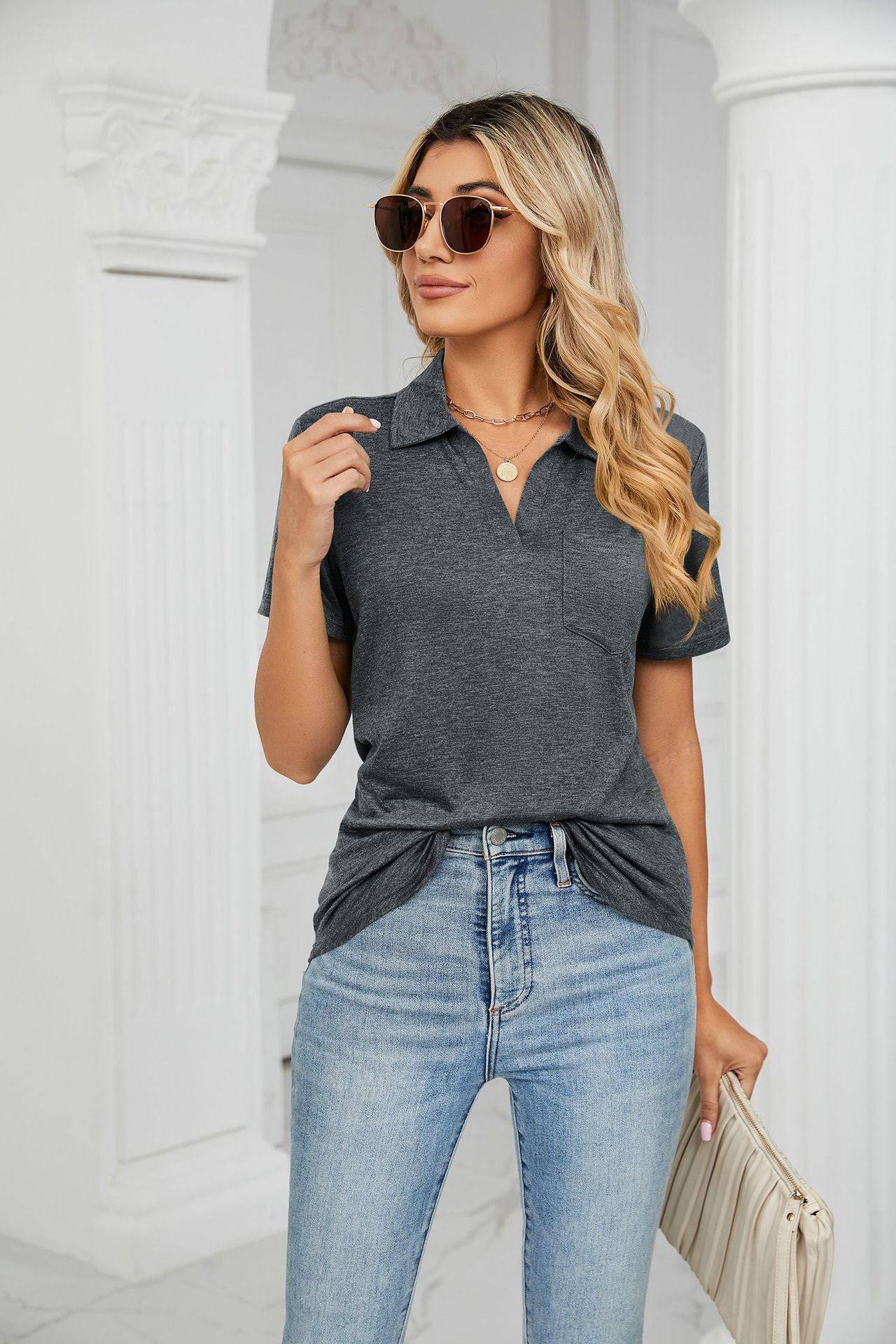 Relaxed Collared Short Sleeve Cotton T-shirt with Pocket Detail for Women    