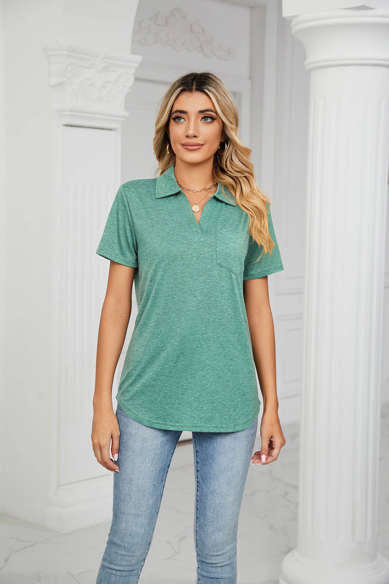 Relaxed Collared Short Sleeve Cotton T-shirt with Pocket Detail for Women    